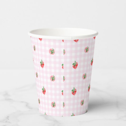 Waterverf aardbeien op een roze gingham papieren bekers (Rechts)