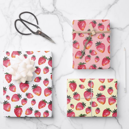 Waterverf Aardbeien Pattern Hand-Painted Boho Inpakpapier Vel (Voorkant)