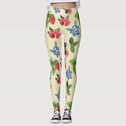 Waterverf Aardbeien Raspberry Currant Patroon Leggings (Voorkant)