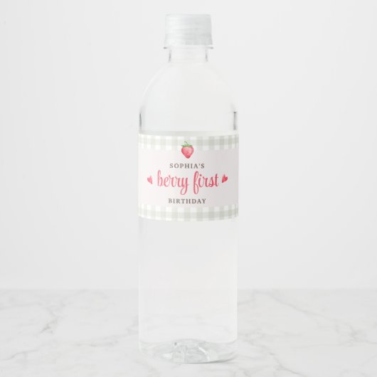 Waterverf aardbeienbes Eerste Verjaardag Waterfles Etiket (Voorkant)