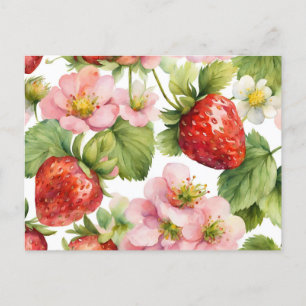 Waterverf Aardbeienfruit en roze bloemen Briefkaart