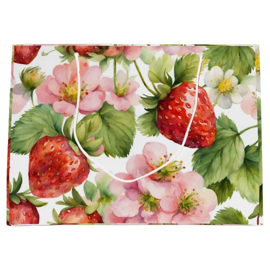 Waterverf Aardbeienfruit en roze bloemen Groot Cadeauzakje (Voorkant)