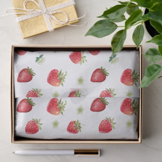 Waterverf aardbeienvruchten en aardbeienbloemen tissuepapier (Geschenk)