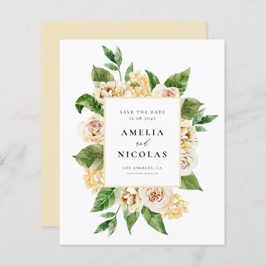 Waterverf Abrikoos Engels Rozen Save the Date (Voorkant / Achterkant)