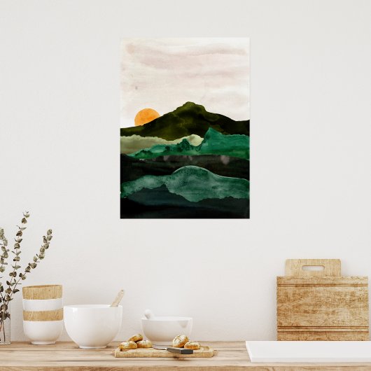 Waterverf abstract berglandschap. Sunset art Poster (Keuken)