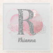 Waterverf Abstract en zilver Glitter Letter R Glazen Onderzetter (Voorkant)