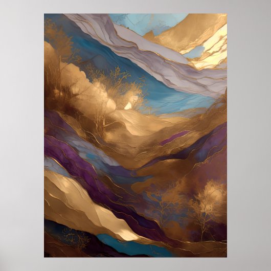 Waterverf Abstract Landschap Schilderen Goud 3:4 Poster (Voorkant)