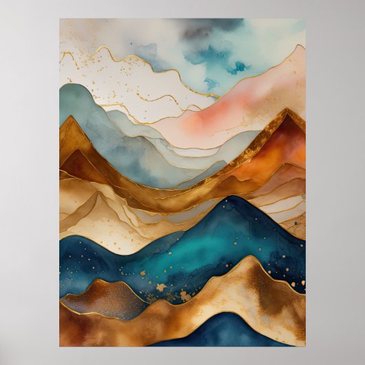 Waterverf Abstract Landschap Schilderen Goud 3:4 Poster (Voorkant)
