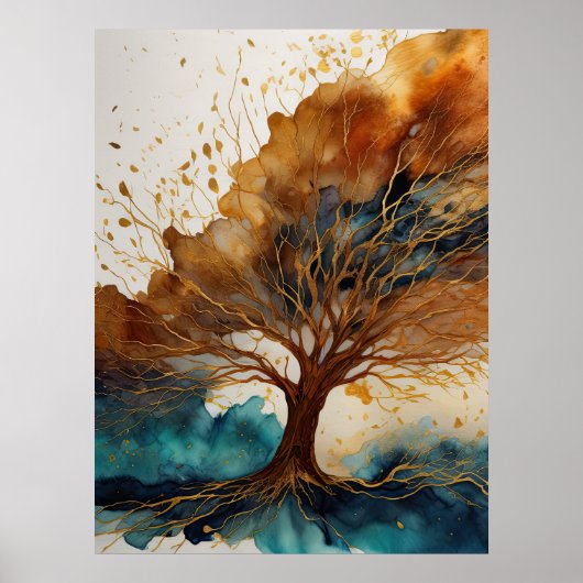 Waterverf Abstract Landschap Schilderen Goud 3:4 Poster (Voorkant)