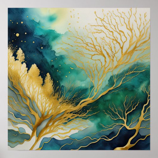 Waterverf Abstract Landschapsschilderij Goud 1:1 Poster (Voorkant)