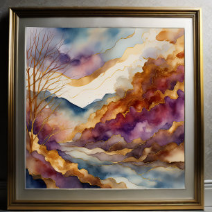 Waterverf Abstract Landschapsschilderij Goud 1:1 Poster