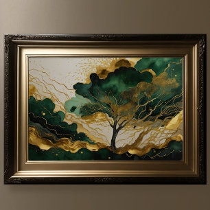 Waterverf Abstract Landschapsschilderij Groen Goud Poster