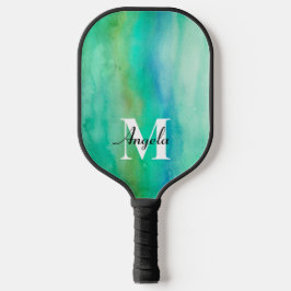 waterverf abstract turquoise en blauw monogram pickleball paddle