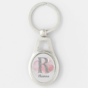 Waterverf Abstract & Zilver Glitter Letter R Sleutelhanger