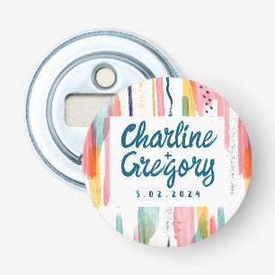 Waterverf Abstracte kleurrijke bruiloft Opslaan Da Button Flesopener