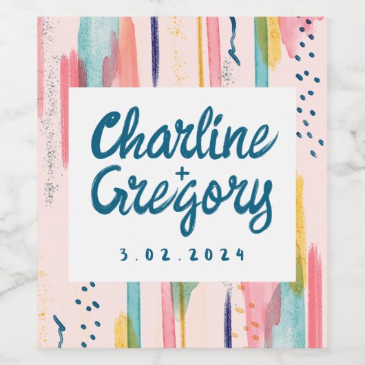 Waterverf Abstracte kleurrijke penseellijnen bruil Wijn Etiket (Enkel label)