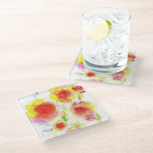 Waterverf abstracte rode en gele bloemen glazen onderzetter