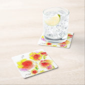 Waterverf abstracte rode en gele bloemen vierkante kartonnen onderzetter (Insitu)