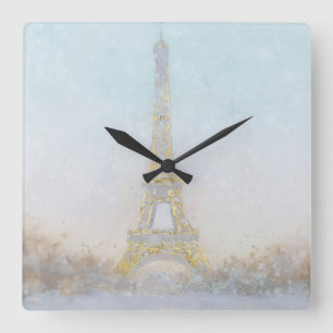 Waterverf   Afbeelding Eiffel Towe Vierkante Klok
