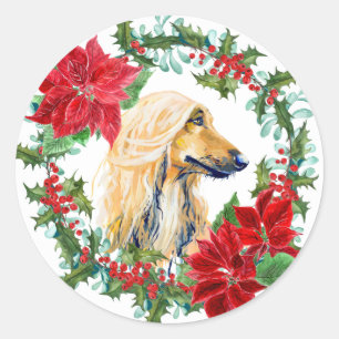 Waterverf Afghan Hound Poinsettia Vakantiekrans Ronde Sticker