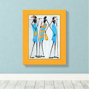 Waterverf, Afrikaanse kunst, Maasai krijgers Canvas Afdruk