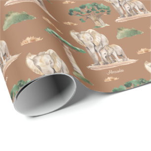 Waterverf Afrikaanse mammie en Baby olifant Patroo Cadeaupapier