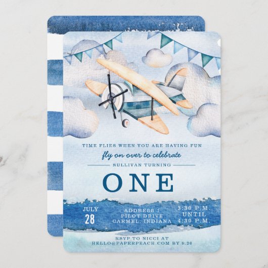 Waterverf Airplane Boy Verjaardagsfeestje Uitnodig Kaart (Voorkant / Achterkant)