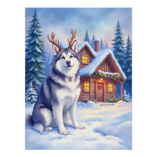 Waterverf Alaskan Malamute Rendier Kerstmis Perfect Poster