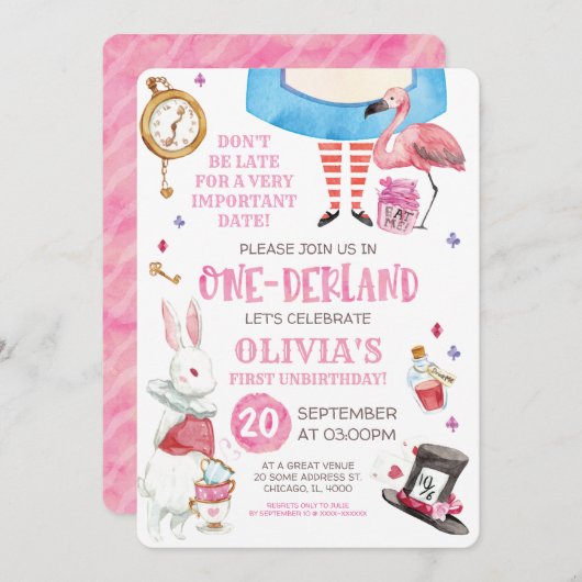 Waterverf Alice in Onederland Eerste verjaardag Kaart (Voorkant / Achterkant)