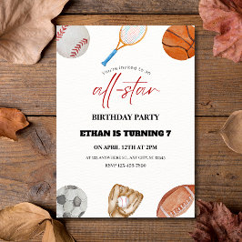 Waterverf All-Star Sports 7e verjaardag Uitnodigin Kaart