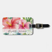 Waterverf Aloha Hawaiian Red Flowers Script Naam Bagagelabel (Voorkant horizontaal)