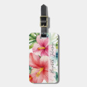 Waterverf Aloha Hawaiian Red Flowers Script Naam Bagagelabel (Voorkant verticaal)