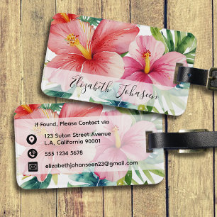 Waterverf Aloha Hawaiian Red Flowers Script Naam Bagagelabel