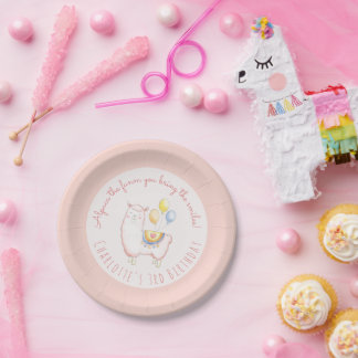 Waterverf Alpaca met Ballon Roze Verjaardag Papieren Bordje