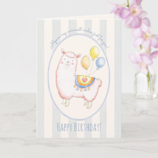 Waterverf Alpaca met Lichtblauwe Verjaardagsballon Kaart