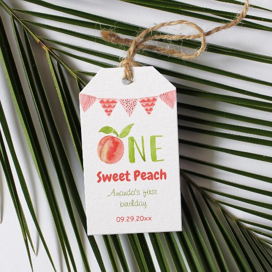 Waterverf als een peach first Birthday Cadeaulabel