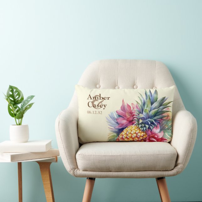Waterverf Ananas Naam en Datum Kussen (Stoel)