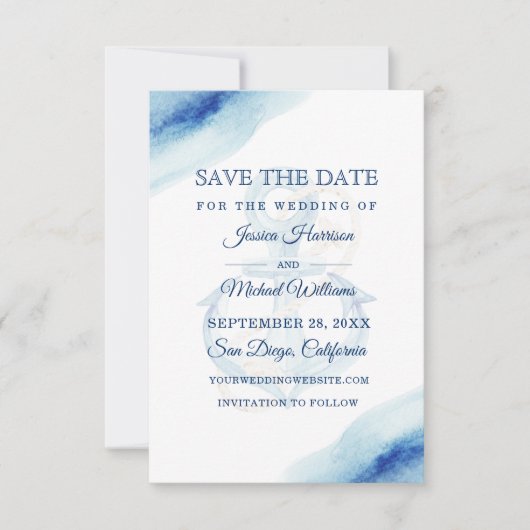 Waterverf Anchor Navy Modern Nautical Save The Date (Voorkant)