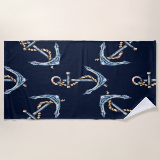 Waterverf Anchors Navy Blue Strandlaken (Voorkant)
