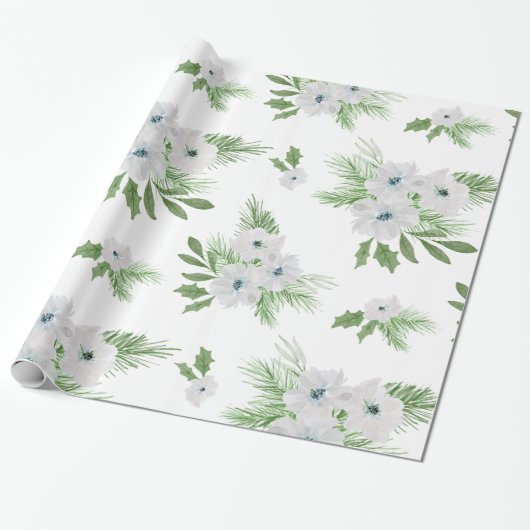 Waterverf-anemon- en -spar-patroon cadeaupapier (Uitgerold)