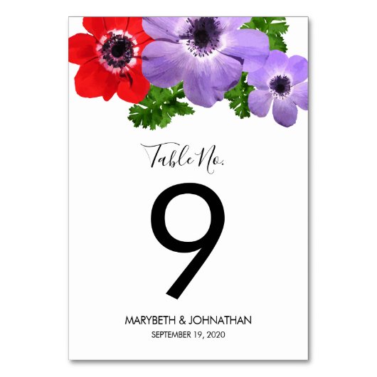 Waterverf Anemone Floral Table Number Card Kaart (Voorkant)