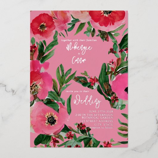 Waterverf Anemone Pink Wedding Folie Uitnodiging (Voorkant)