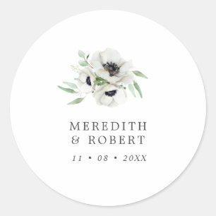 Waterverf Anemonen Zwart & Wit Winterbruiloft Ronde Sticker