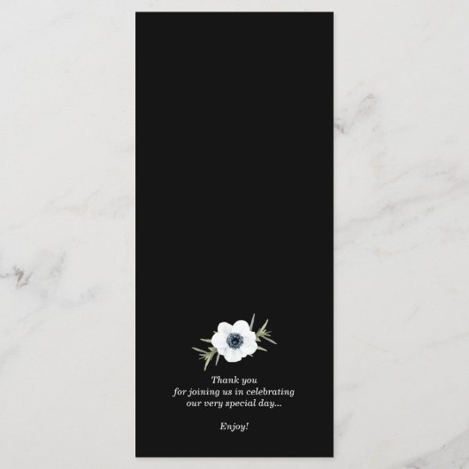 Waterverf Anemones Zwart-wit bruiloft Menu (Achterkant)