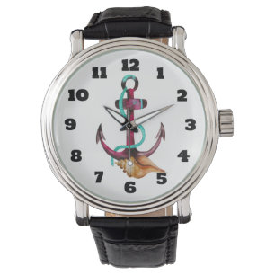 Waterverf anker met touw en schelp horloge