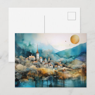 Waterverf ansichtkaart van het grillige dorp  briefkaart