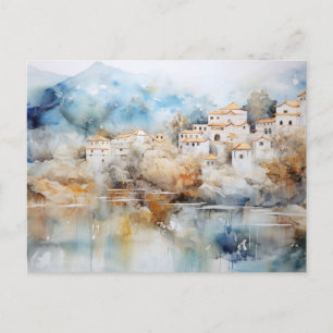 Waterverf ansichtkaart van het Whimsical Village Briefkaart