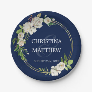 Waterverf Antiek-witte Floral Navy Blue WEDDING Papieren Bordje