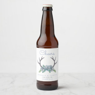 Waterverf Antlers en Echeveria Country Wedding Bier Etiket