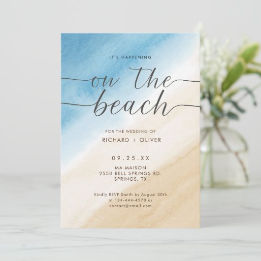 Waterverf aqua blauw op het strand bruiloft kaart (Staand voorkant)